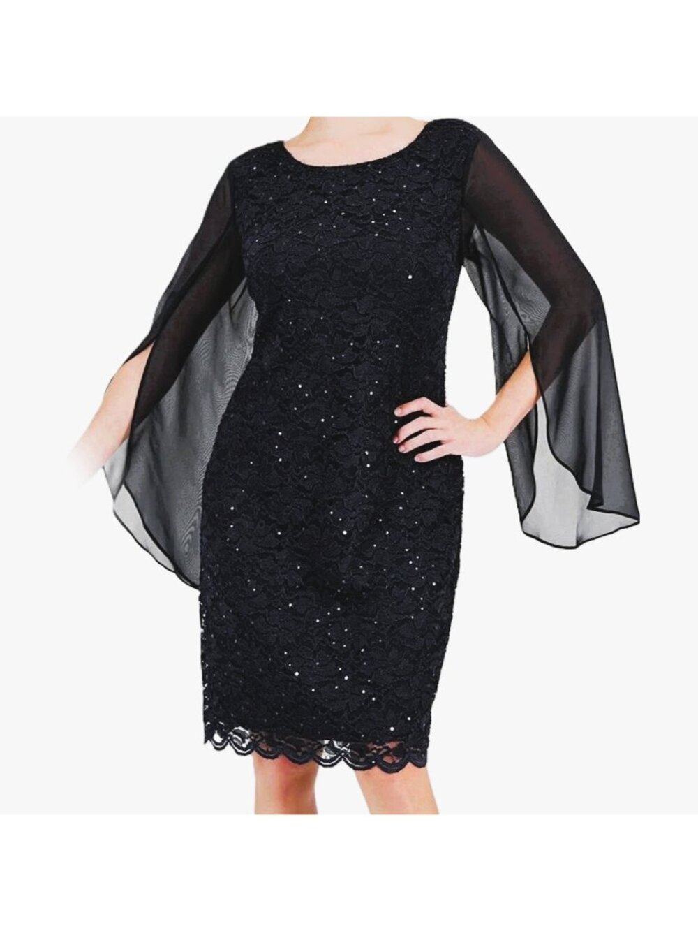 Connected Apparel Black Sequins Lace Cape Sleeve Sheath Dress Size 10P